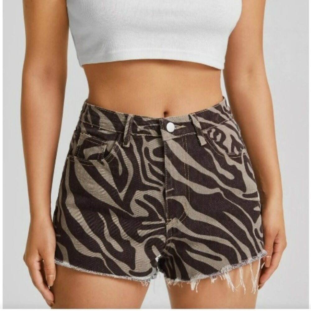 Women's Shein Raw Hem Zebra Striped Denim‎ Shorts Size Extra Small